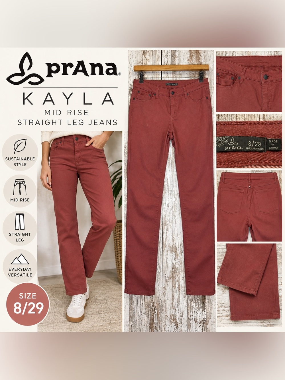 PrAna Kayla Mid Rise Straight Leg Jeans Women’s Size 8/29
